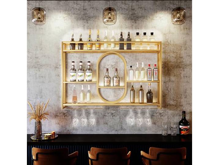 Zanefoo Premium Wandweinregal Metall Modulare Weinflaschenhalterung Modernes Weinlager Für Homebar, Küche, Gastronomie Robuste Halterung + Einfache Montage (Inkl. Dübel)(Gold,1.2m)