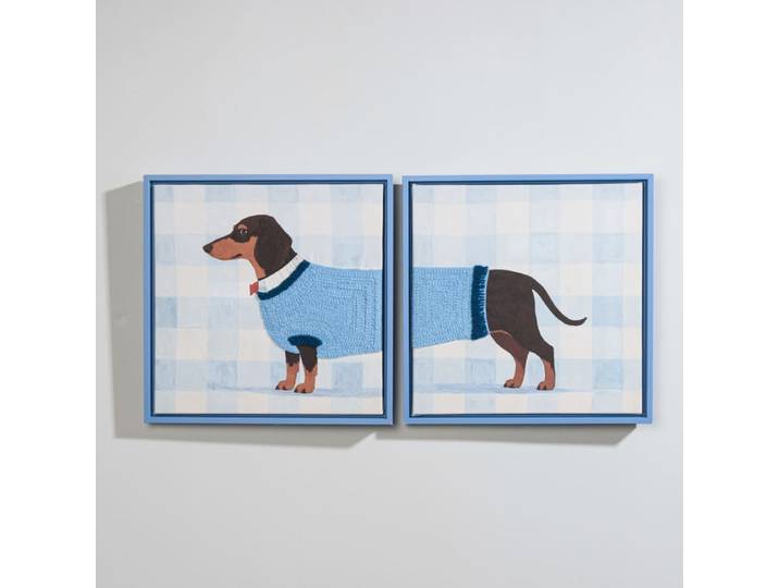 Diptychon eines gedruckten und gestickten Dackels, 66 x 33 cm
