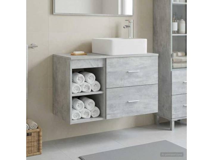 YUTAASU Badezimmermöbel-Set 2 STK. Betongrau Holzwerkstoff Wandmontierte Kommode, viel Stauraum, Schubladen und Regale, platzsparend, anpassbare Waschbeckeninstallation
