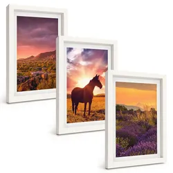 BILDER SET 3er Set - 20x30 cm Weißer Rahmen - Berglandschaft mit einem Pferd