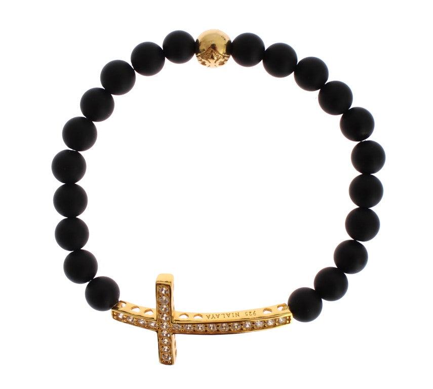 Nialaya Matte Onyxstein Gold CZ Kreuz 925 Silberarmband
