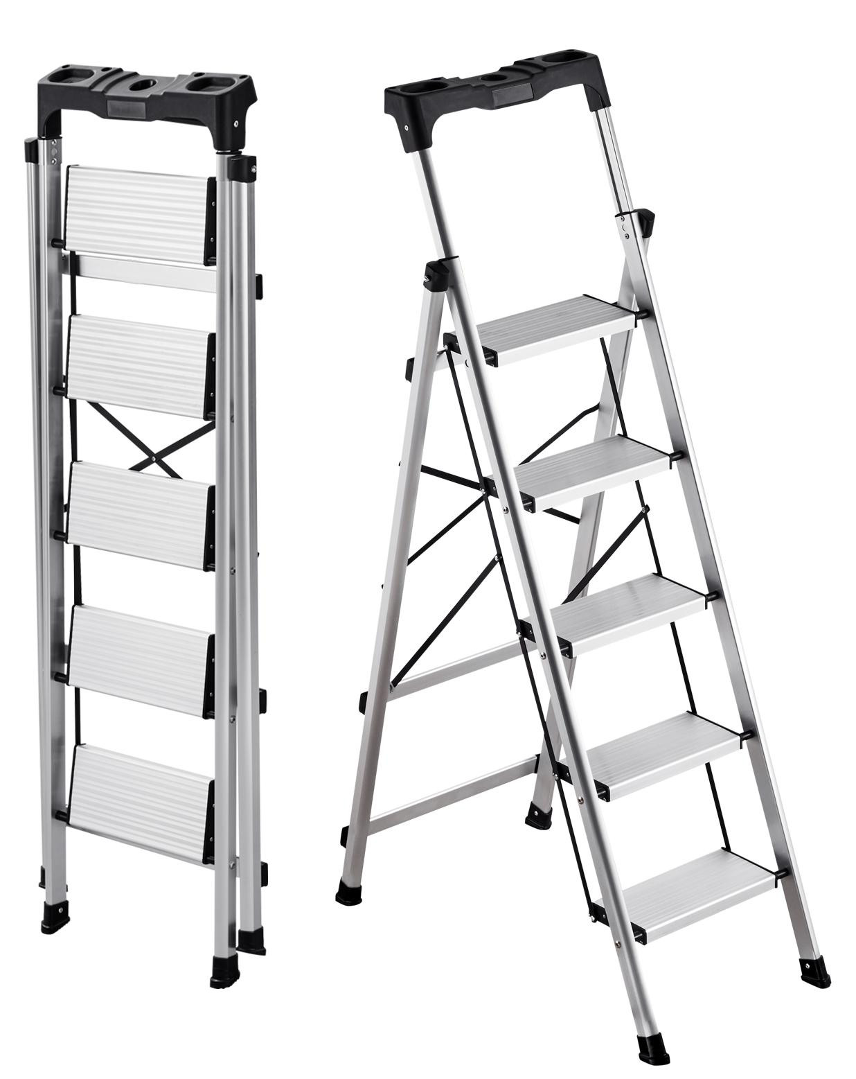 VEVOR 5-traps aluminium opvouwbare ladder met antislip treden en handgreep, zilver/zwart, draagvermogen 150 kg