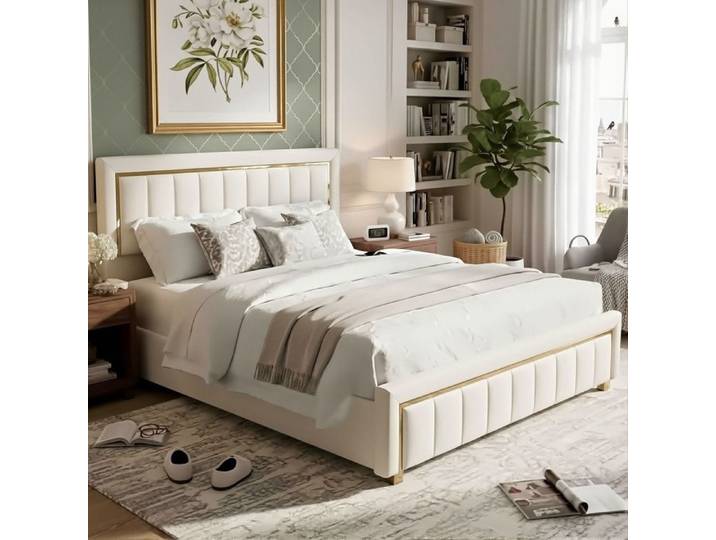 Lit Double 160x200cm - Rangement hydraulique - Design Rayures Verticales - Bordure Dorée Luxueuse - Velours Blanc Cassé
