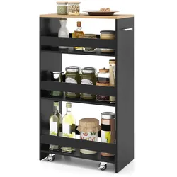 COSTWAY Nischenwagen 25 cm, 4 Etagen, auf Rollen, Griff, Badregal Holz, Schwarz