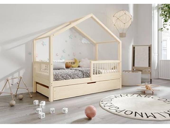 TIMBEE MURLO - Box Holzbett - in Hausform mit Gitter, Sprossen und Schublade - Skandinavischer Stil - Massive Konstruktion aus Naturholz - Option mit Schublade - Unlackiert - 90x180cm
