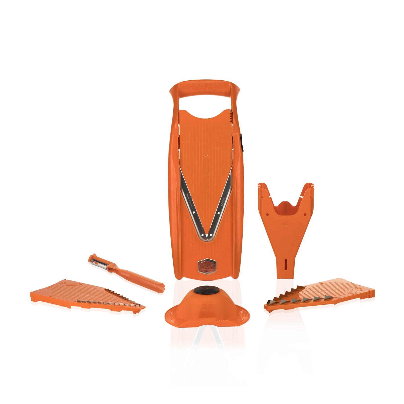 Börner V5 PowerLine Plus Set Gemüsehobel, Obst- & Gemüseschneider mit Fruchthalter, Scheibeneinschub, Sparschäler, 10 Schnittarten, 6 tlg. Set, Orange