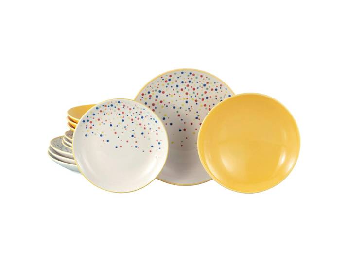Creatable Tafelservice Joy Gelb-bunt, Creme, Gelb, Keramik, 12-teilig, Punkte, handbemalt, lebensmittelecht, stapelbar, Geschirr, Geschirrsets, Tafelservice