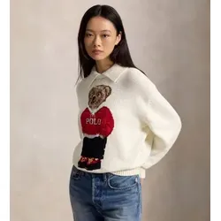 Polo Ralph Lauren für Damen. 211B17764001 Pullover aus Leinen und Baumwolle mit weißem Polo-Bären-Motiv (L), Lässig, Langarm