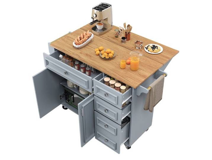 VLIVRA Desserte de cuisine avec tiroirs étagères réglables et plateau rabattable - pour cuisine - en MDF - bleu