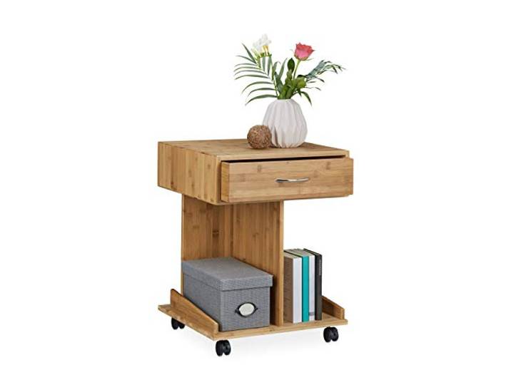 Relaxdays Beistelltisch mit Rollen Rolli Bambus, Schublade, Natur