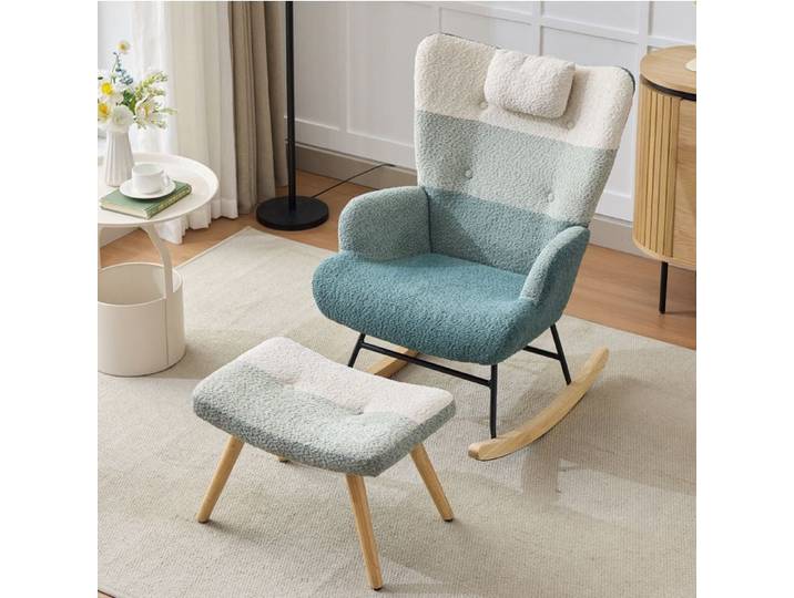 Fauteuil à bascule avec repose-pieds – tissu bouclé multicolore – dossier haut – accoudoirs