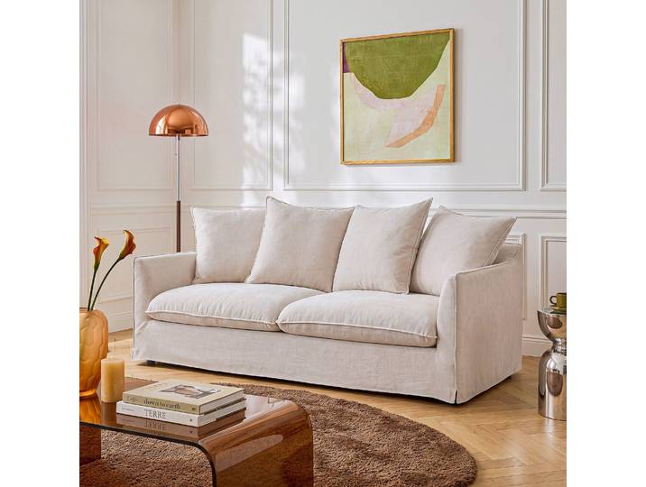 HABITAT - Canapé 3 places déhoussable en tissu - Crème - Silona