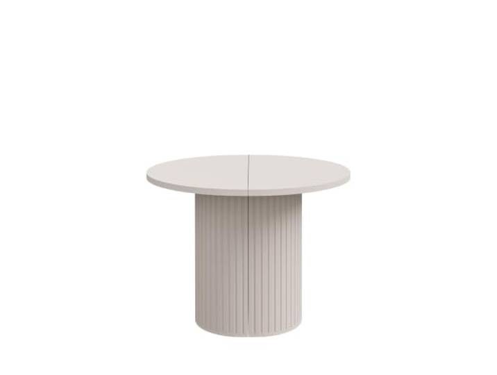 AlpiMeble Esstisch Ausziehbar Ovalio 100x100x75 cm, Sandbeige Moderner Tisch im Japandi-Stil, Esstisch Rund mit Gefräster Zylindrischer Sockel, Laminierte Platte