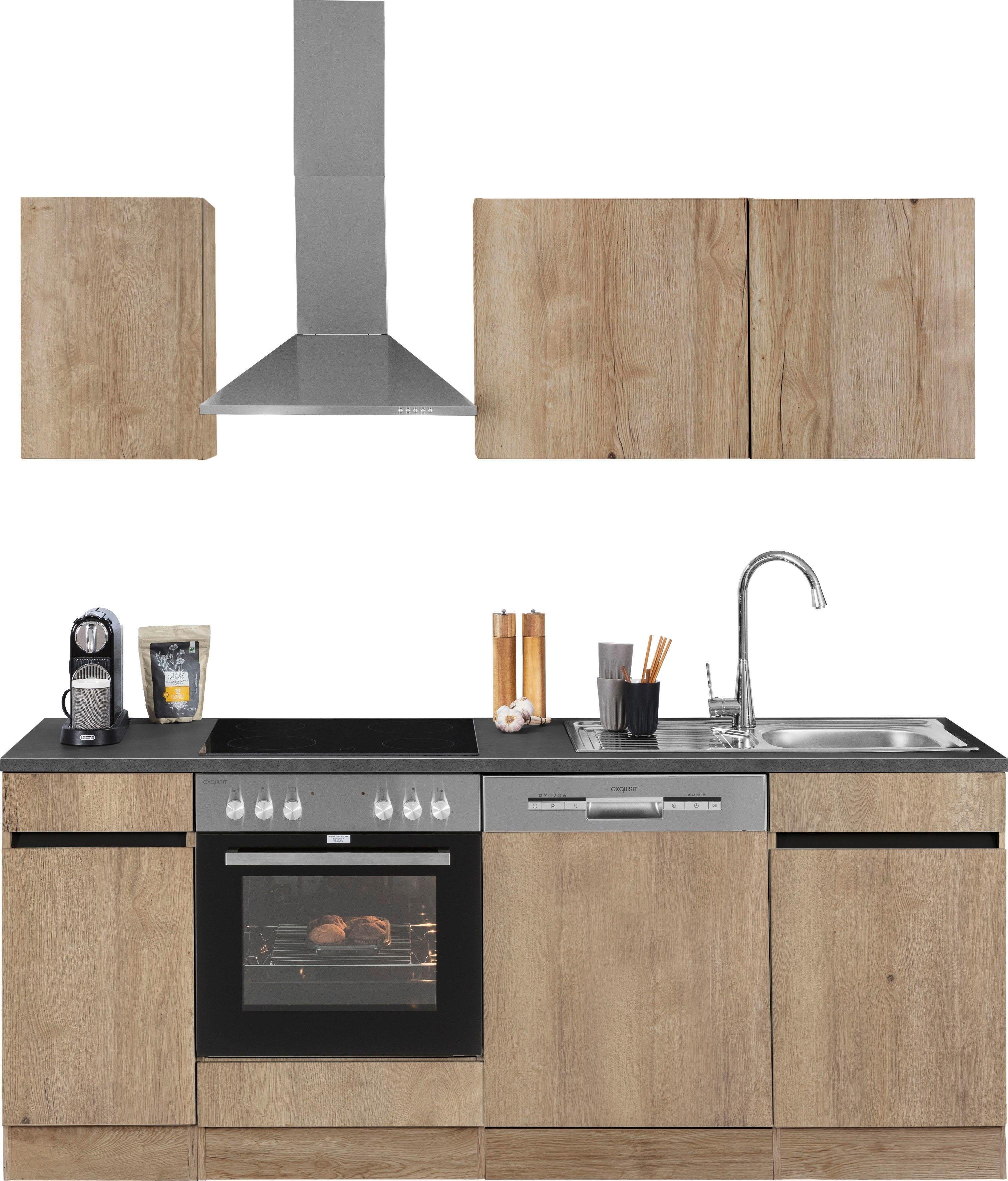 Küchenzeile OPTIFIT "Roth", beige (küche: natur, front: wildeiche, korpus: wildeichefarben, arbeitsplatte: anthrazit), B:210cm T:60cm, Komplettküchen-Sets, Küchenzeile, Breite 210 cm, wahlweise mit E-Geräten, Push-to-Open-Funktion