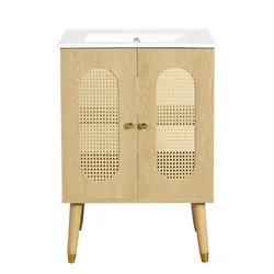 WASCHTISCHUNTERSCHRANK Holzoptik mit Rattan-Türen & Keramikbecken