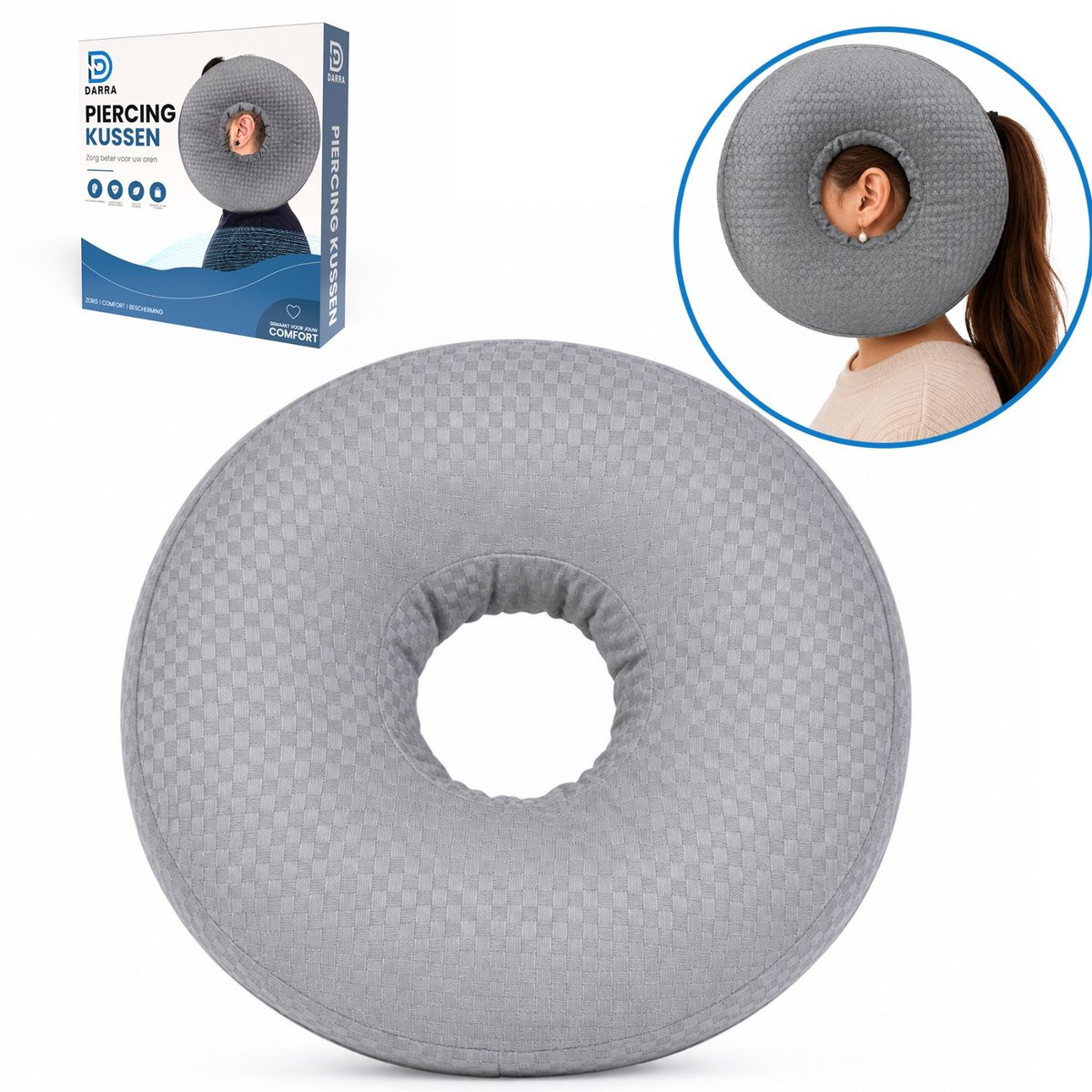 Darra Piercing Kussen met Gat voor Oor, Orthopedisch Donut Kussen van Traagschuim, Grijs