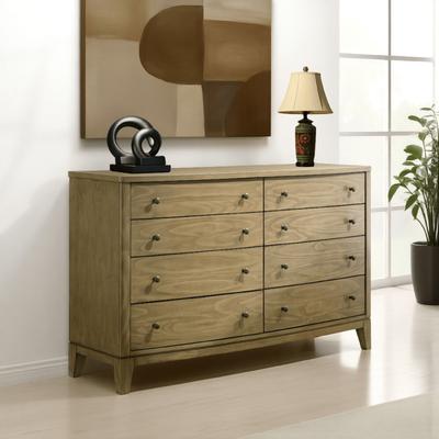 Benjara Heon Wide Dresser, 8 Drawers w Round Nickel Knobs, Natural Brown Pine