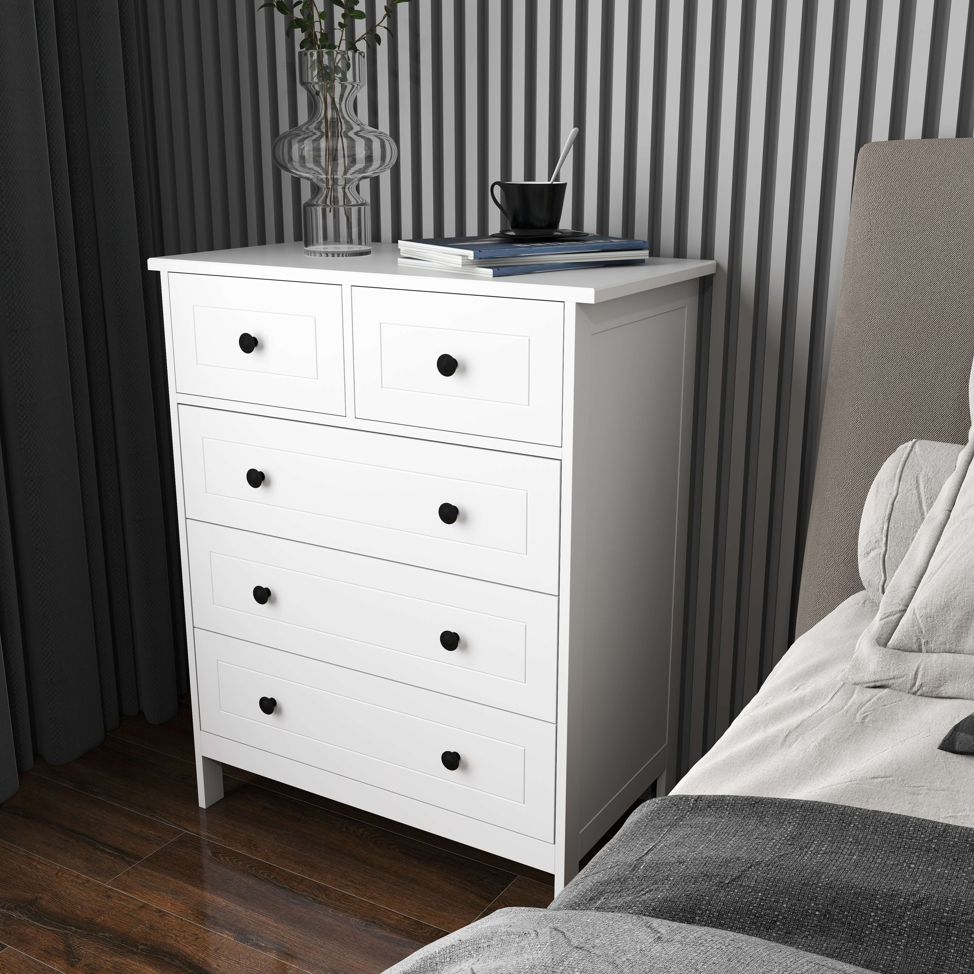 Homcom Cassettiera Bianca con 5 Cassetti Salvaspazio e Antiribaltamento in Legno, Cassettiera Camera da Letto, 74x40x91cm, Bianco   Aosom Italy