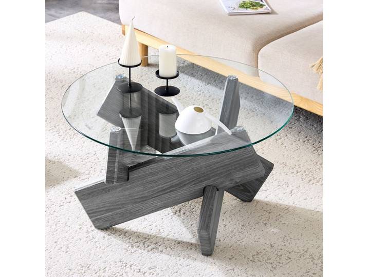 Table basse ronde en MDF et verre trempé - TCQPZ - design contemporain gris transparent 79 × 79 × 45 cm