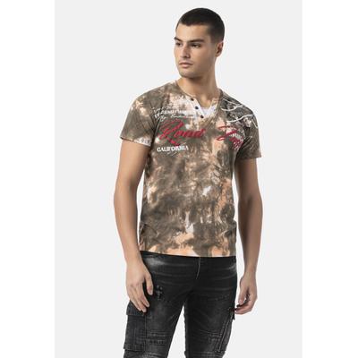 T-Shirt CIPO & BAXX "CT804", Herren, Gr. L, braun, 95% Baumwolle, 5% Elasthan, gemustert, regular fit, V-Ausschnitt, Shirts T-Shirt, auffälligen Empirme-Print-Waschung