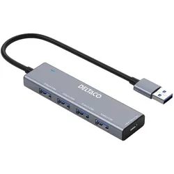 Deltaco UH-738 USB-A Hub, 4 ports (USB-A, 4 Ports), Dockingstation + USB Hub, Grau