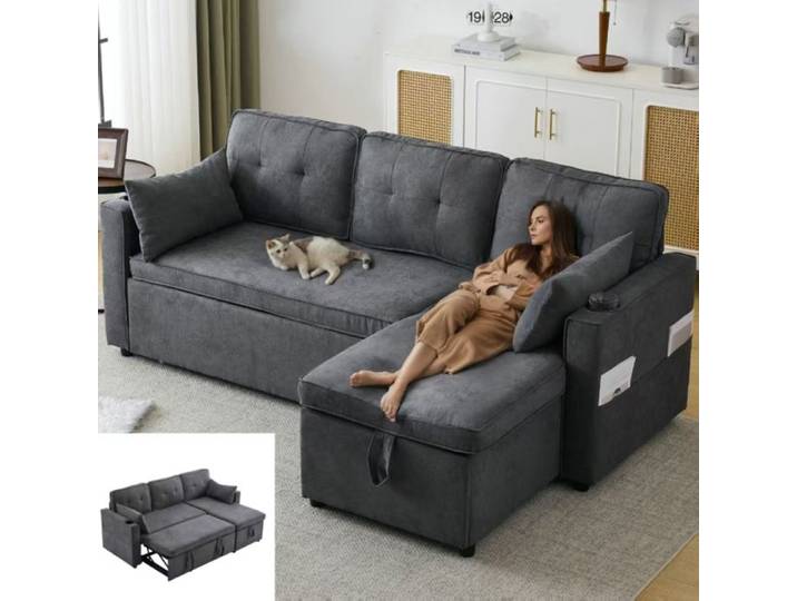 Canapé d'angle convertible - LANGTU - 3 places 211x130x86cm - Réversible - Avec rangement - Porte-gobelet
