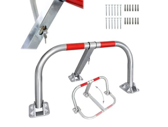 Relaxdays Barrière de parking rabattable\, serrure cylindre\, argent/rouge acier\, H x L x P : 46 x 95 x 44 cm