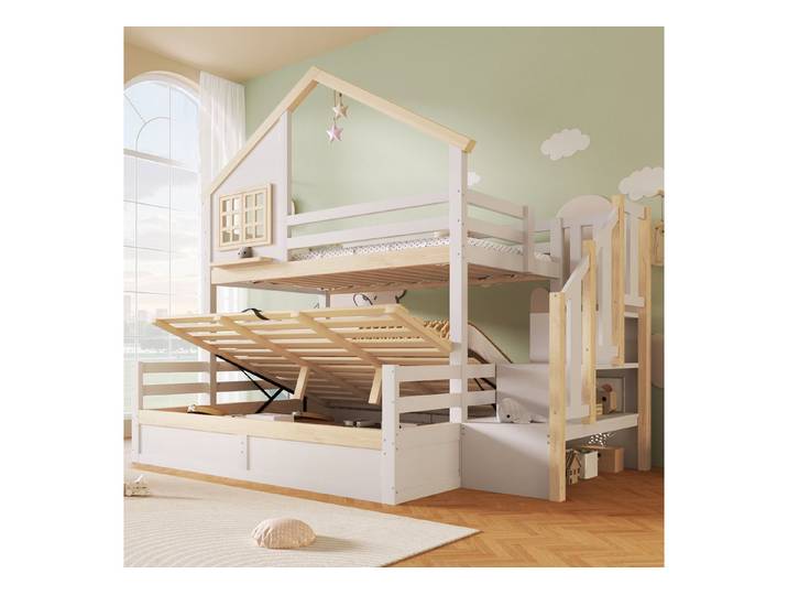 Flieks Etagenbett, Hausform Kinderbett 90x200cm mit hydraulischem Unterbett 140x200cm