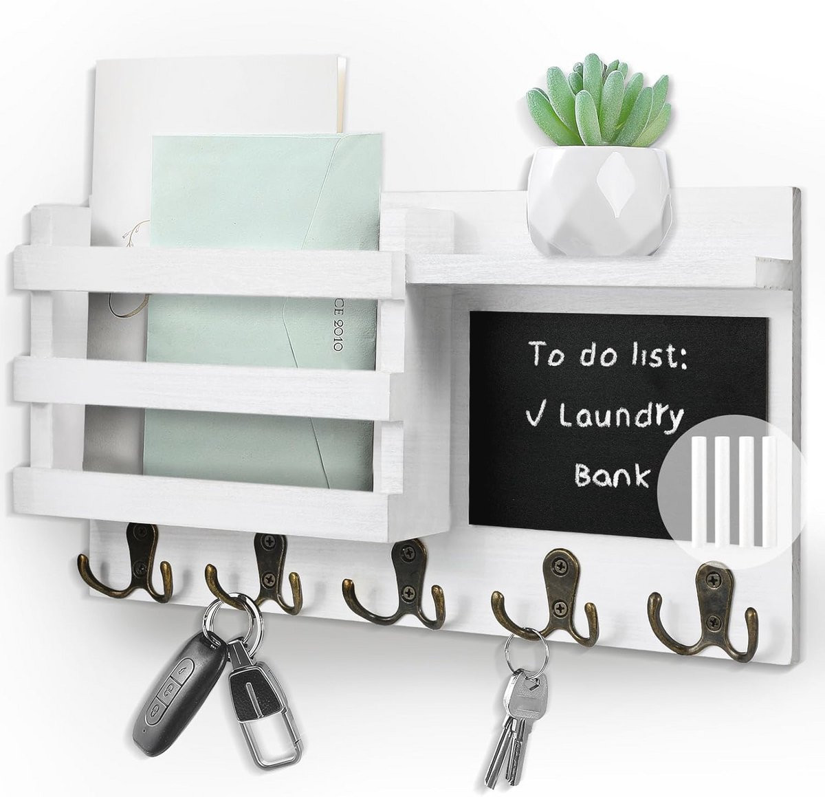 Sleutelhouder voor Decoratieve Muur - Wandgemonteerde Postsorteerder met Zwevende Plank en Krijtbord (Wit)