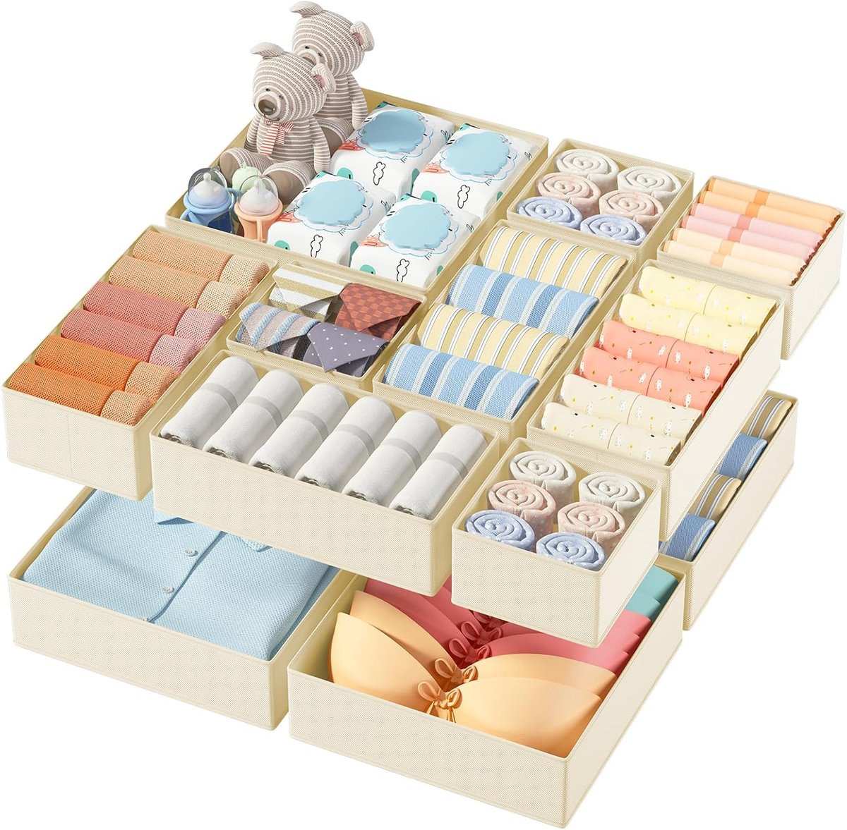 Thijox Lade-Organizer Babykleding Set - 15-Delige Opvouwbare Stoffen Opbergdozen in Grijs
