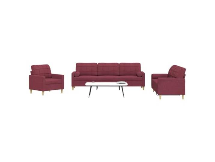 HEFZGDB 3-TLG. Sofagarnitur mit Dekokissen Weinrot Stoff Polyester Wohnzimmer Sitzgruppe, Weiches Atmungsaktives Bezugsmaterial, Robuster Metallrahmen, Dick Gepolsterte Sitzflächen
