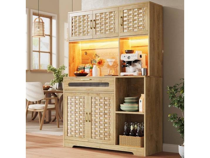 Maisentiel Vitrine haute LED 120 x 40 x 180 cm en MDF verre et métal 5 portes 1 tiroir naturel