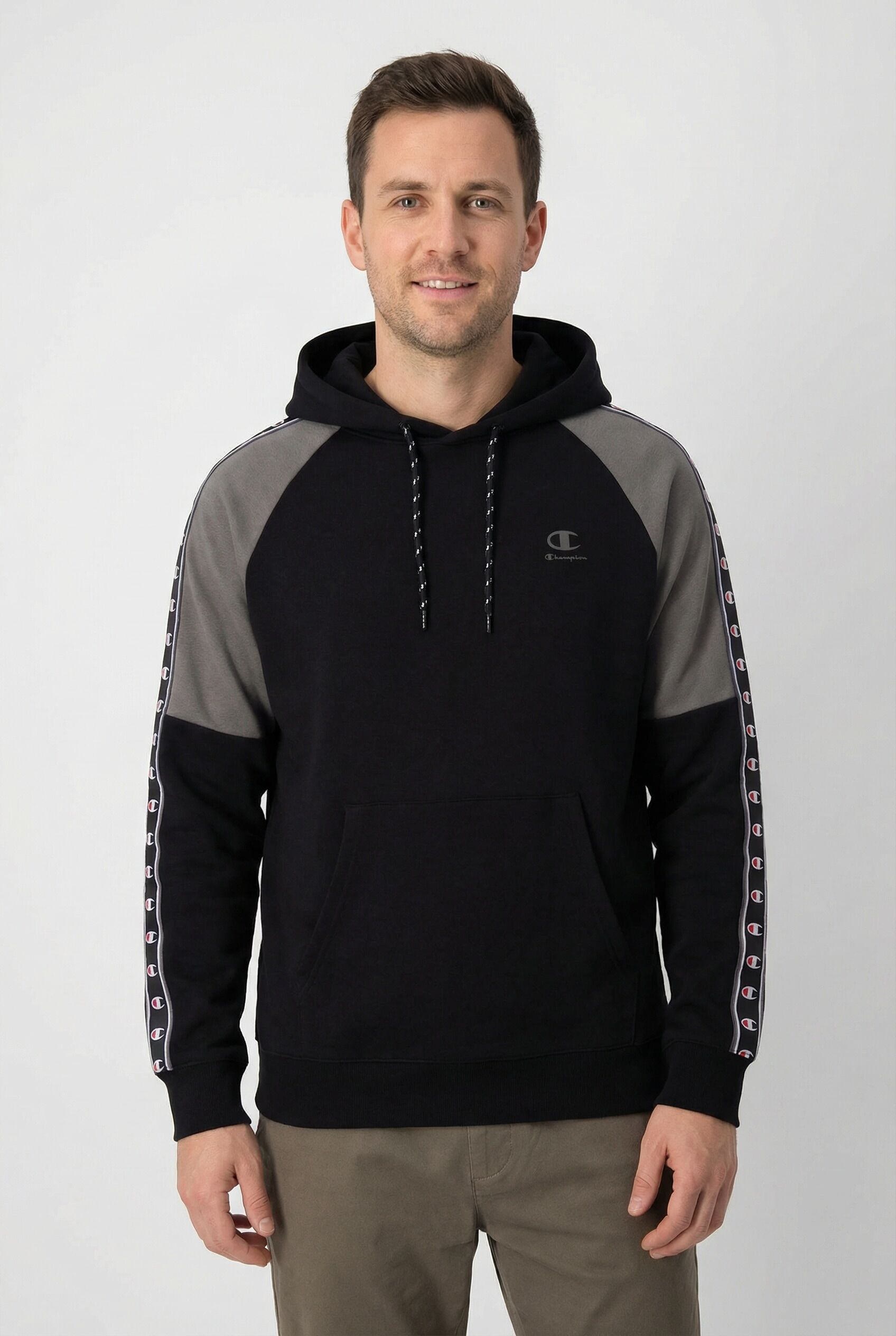 Kapuzensweatshirt CHAMPION "Sports-inspired Interlock Hoodie with Tape detailing", Herren, Gr. L, schwarz (nbk, dgg), Obermaterial: 82% Baumwolle, 18% Polyester, normal, Rundhals, Sweatshirts Kapuzensweatshirt, mit Kordelverschluss, Langarm-Design, aus Ba