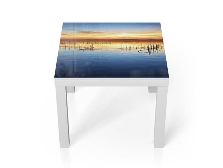 DEQORI Glastisch weiß klein 55x55 cm Motiv Stille Wasser ausgefallener Beistelltisch aus Glas Hochglanz Couchtisch fürs Wohnzimmer moderner Couch Tisch mit Design
