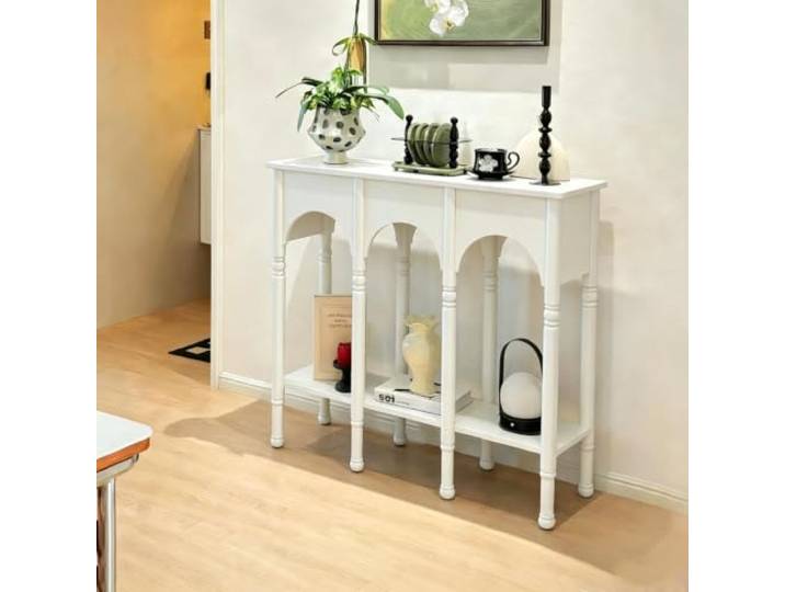 Massivholz‑Eingangstisch, Konsolenschrank im französischen Retro‑Stil Massivholzverarbeitung, geruchsarme E1‑Oberfläche, keine Montage nötig(White,100cm/39.4 )