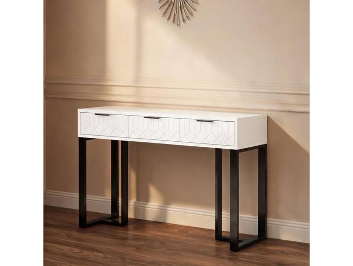 Table console de 120 x 36 cm en blanc et métal doré avec tiroirs style contemporain