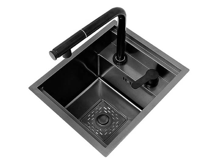 WOTZOV Küchenarmatur, hebbarer Wasserhahn, Edelstahl, Wohnmobil- und Barspüle mit Deckel und Zubehör, verdecktes Design für moderne Küchen, 40 x 54 x 22,5 cm