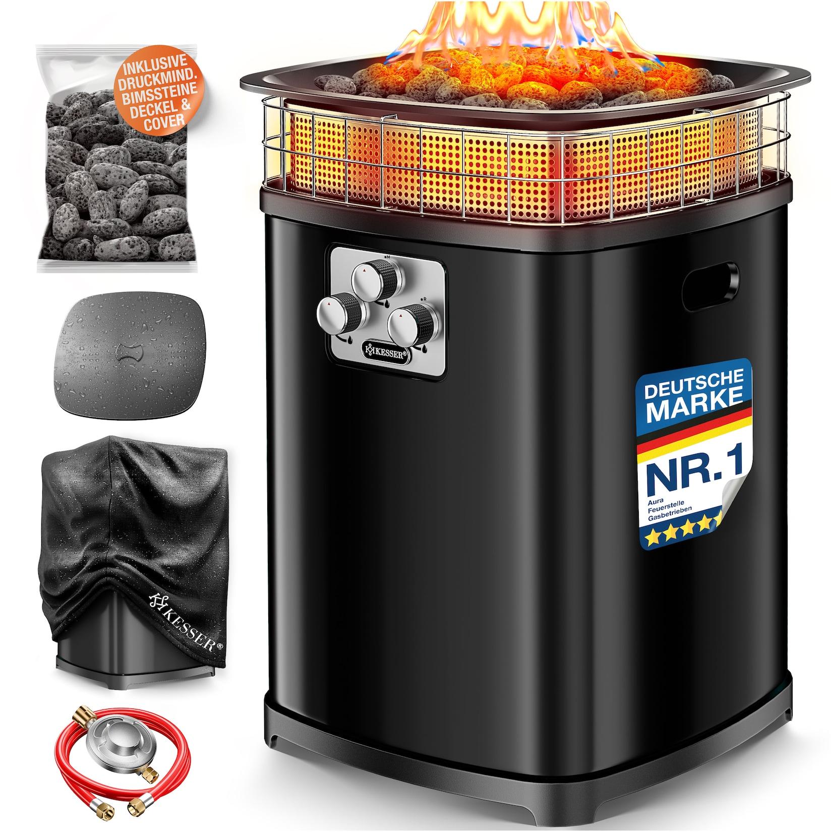 KESSER® Gas-Feuerstelle Aura, 18 kW Heizer, Outdoor, 360° Wärmeverteilung, Terrassenfeuer für Garten, Terrasse & Balkon, bis 120 m², Bimssteine, Schutzcover, Deckel, 6 Std. Brenndauer, IP54