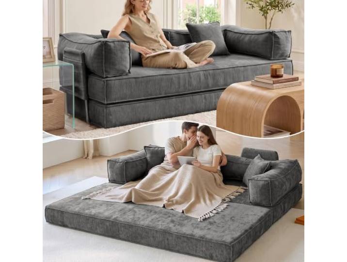 WOLTU Schlafsofa 3-Sitzer 207cm, Bodensofa mit 2Kissen, Dunkelgrau Chenille Umwandelbares Sofa mit Schlaffunktion, für Wohnzimmer und Gästezimmer, abnehmbare Armlehnen, 600kg Belastbarkeit,ohne Montage