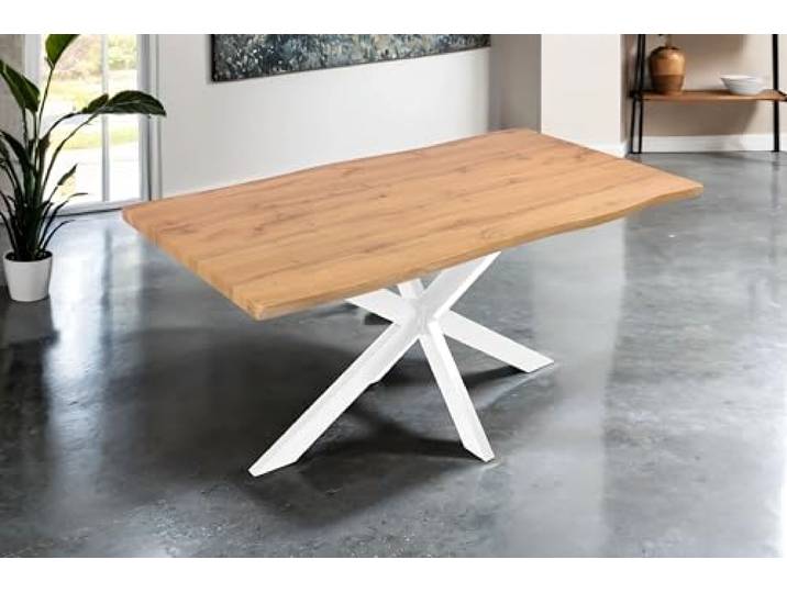 SAM Esstisch Josy 160x85 cm Holz Wildeiche-Optik Spider-Gestell weiß 40 mm Tischplatte mit Baumkante, Metallgestell, Tisch für Esszimmer & Küche