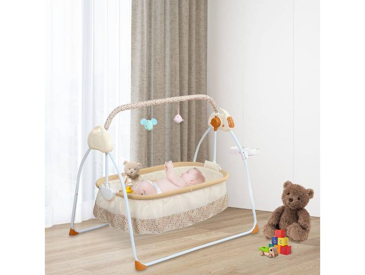 Berceau électrique pliable pour bébé, avec double commande musicale, moustiquaire et balançoire, berceau à bascule réglable à 5 niveaux