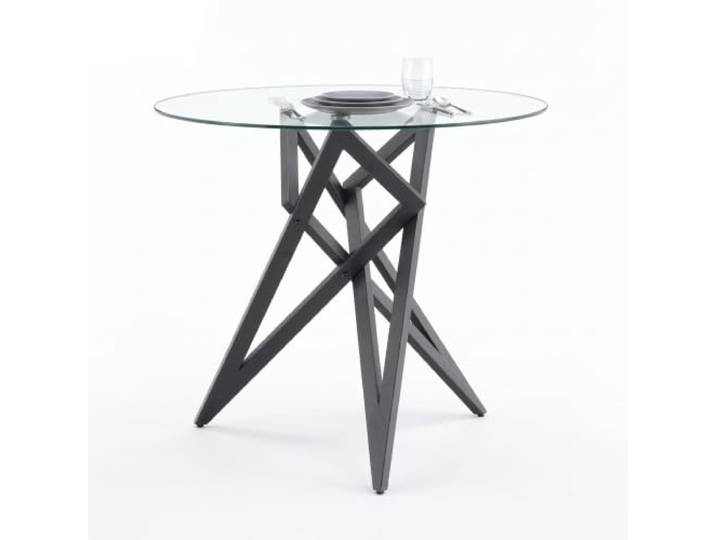 FurnitureR Glas-Esstisch 85 cm, rund mit geometrischem Metallgestell Runder 85-cm-Esstisch aus gehärtetem Glas mit markantem Metallgestell – luftig, modern und ideal für kompakte Essbereiche
