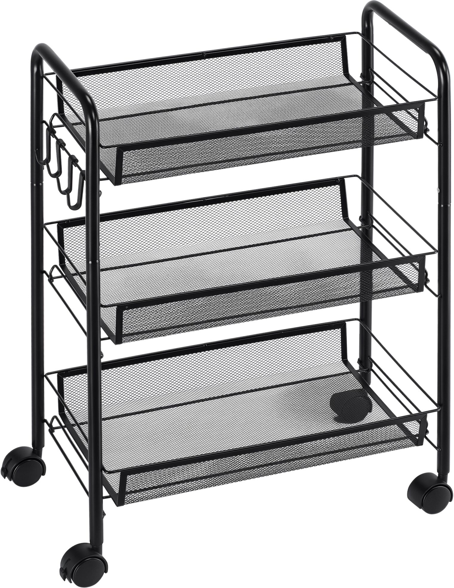 Homcom Carrello da Cucina in Acciaio con 3 Cesti Rimuovibili, 4 Ganci, 2 Maniglie, 4 Ruote, 41.5x26.5x63cm, Nero   Aosom