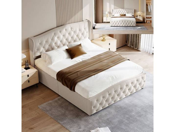 Structure de lit - 160x200 cm - tissu en Velours - cadre de lit adulte - lit adulte 160x200 cm - Beige