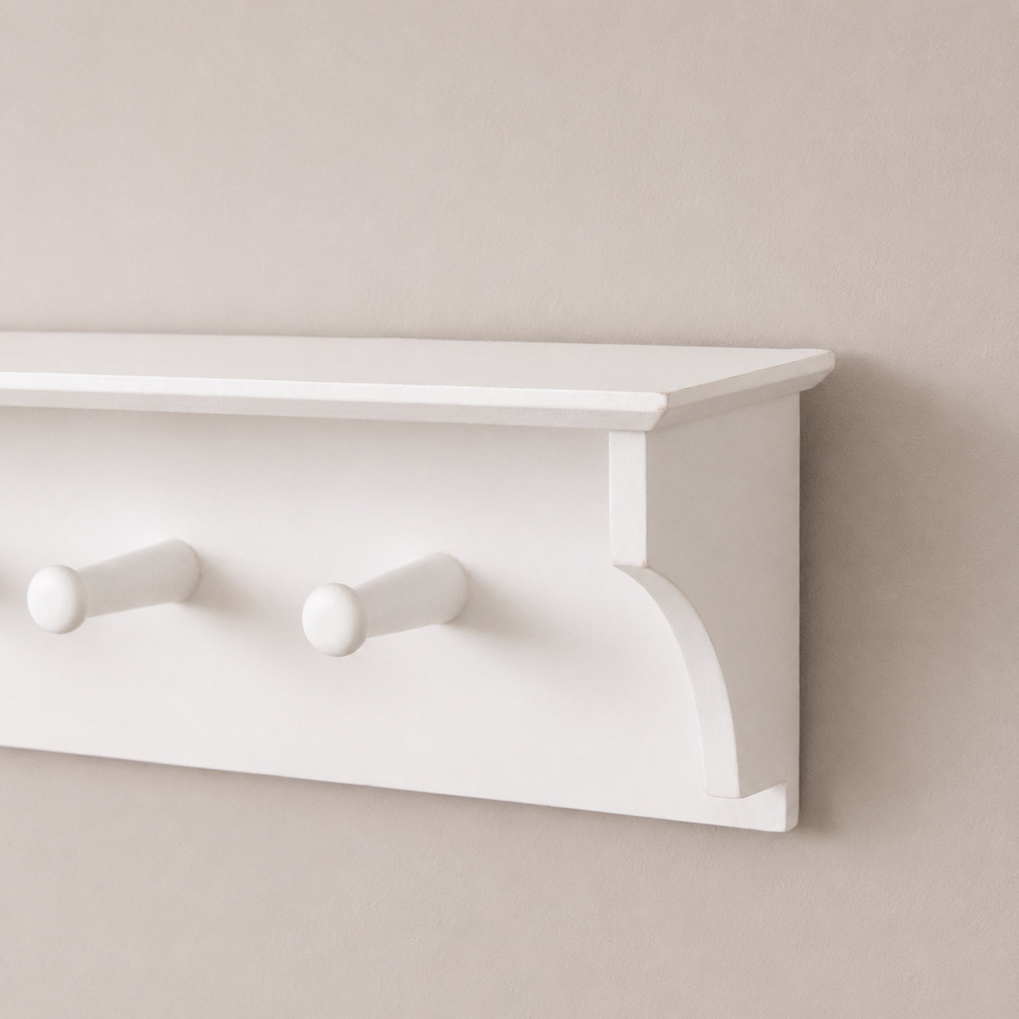 Large White Washed Mango Wooden Wall Shelf with Hooks - 100cm Mango Wood