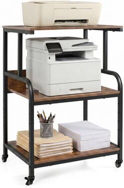 Costway 3-Tier Rolling Printer Stand with Adjustable Shelf and Lockable Wheels-Rustic Brown