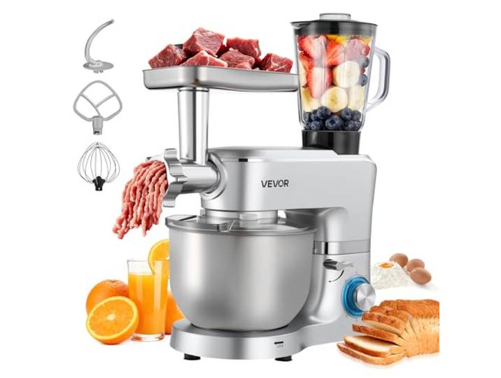 VEVOR multifunktionale Küchenmaschine elektrisch 1500 W mit Edelstahlschüssel (6 L) & Mixbecher (1,5 L), Knetmaschine Teigmixer mit 6+P Geschwindigkeiten & Knethaken & Schneebesen & Rührbesen