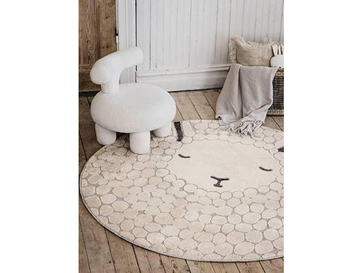 RugVista Lollo Lamm Kinderteppich, Ø 150 cm, Greige/Beige Moderne, Kinder, Rund, Niedriger Stapel, Nur chemische Reinigung, Oeko-Tex 100, Ohne gefährliche Chemikalien, Kinderzimmer