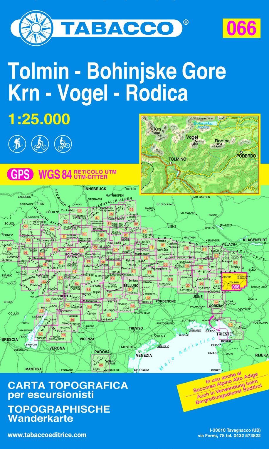 Carte de randonnée n° 66 - Tolmin, Bohinjske Gore, Krn, Vogel, Rodica   Tabacco