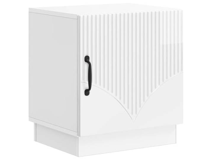 KUPTYERFG Nachttisch Hochglanz Weiß 43x34,5x47 cm Beistelltisch mit Tür Kompakter Beistellschrank für Schlafzimmer und Wohnzimmer, mit 90 Grad Tür und schwarzem Metallgriff.